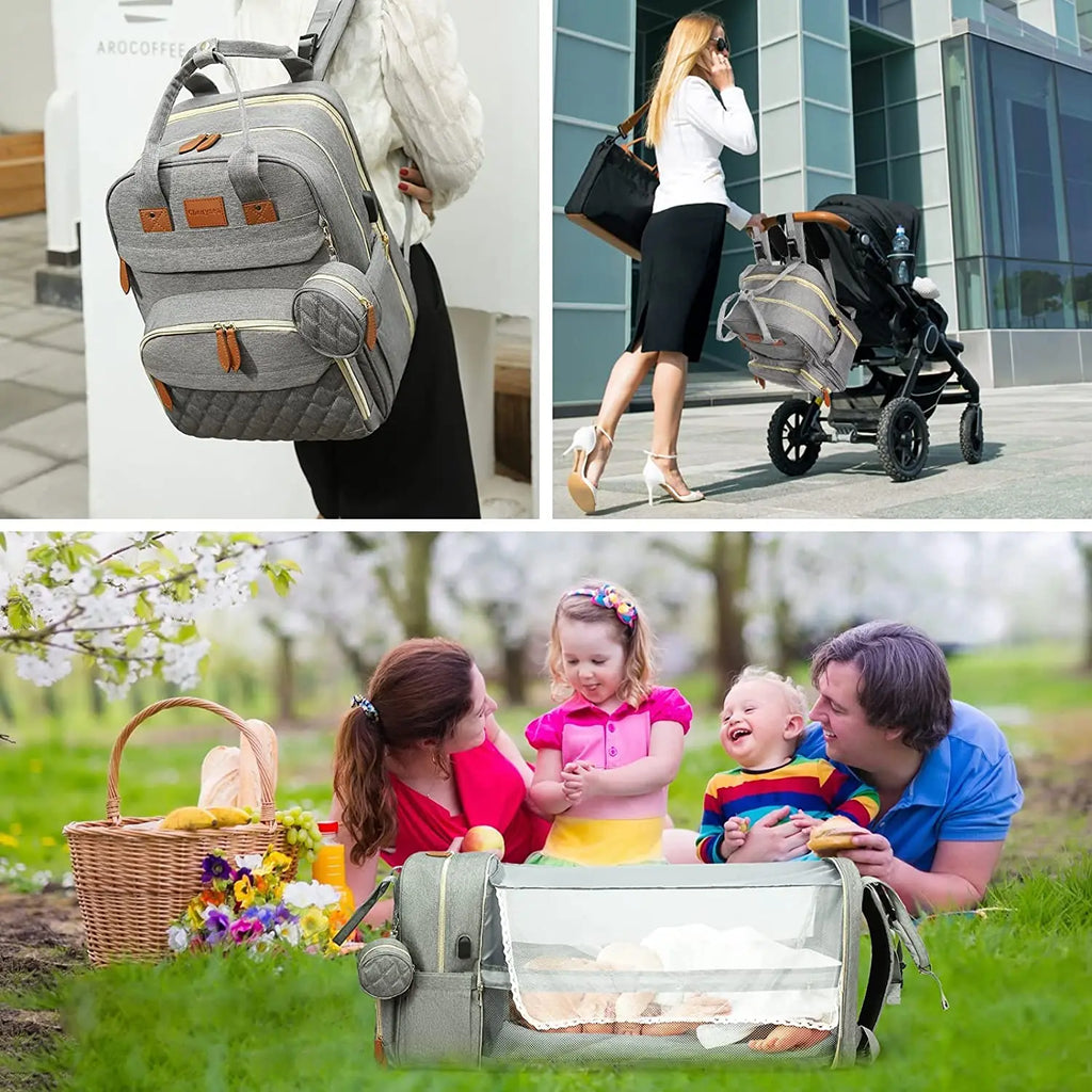 3-in-1 Diaper Bag & Foldable Baby Bed – Waterproof Travel Backpack with USB Charging, Large Capacity & Multi-Function Design