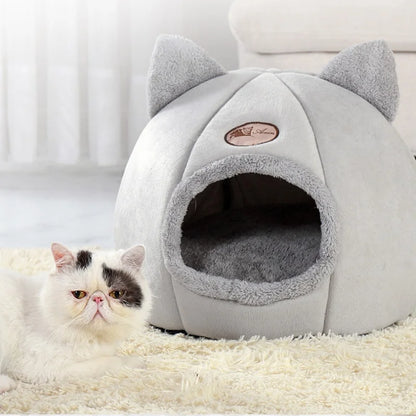Winter Warm Cat Bed – Cozy Cat Cave Tent with Removable Cushion Pillow | Cute Cat Head Shape Pet Bed