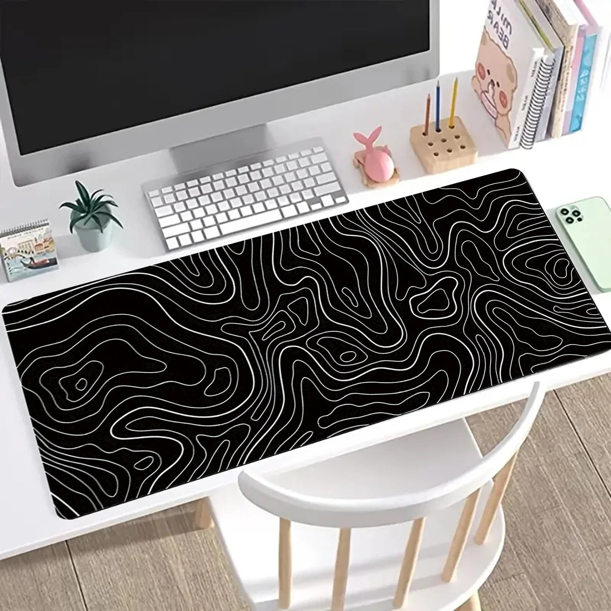 Large Gaming Mouse Pad – 31.5 x 11.8in Topographic Black & White Keyboard Pad with Anti-Slip Base