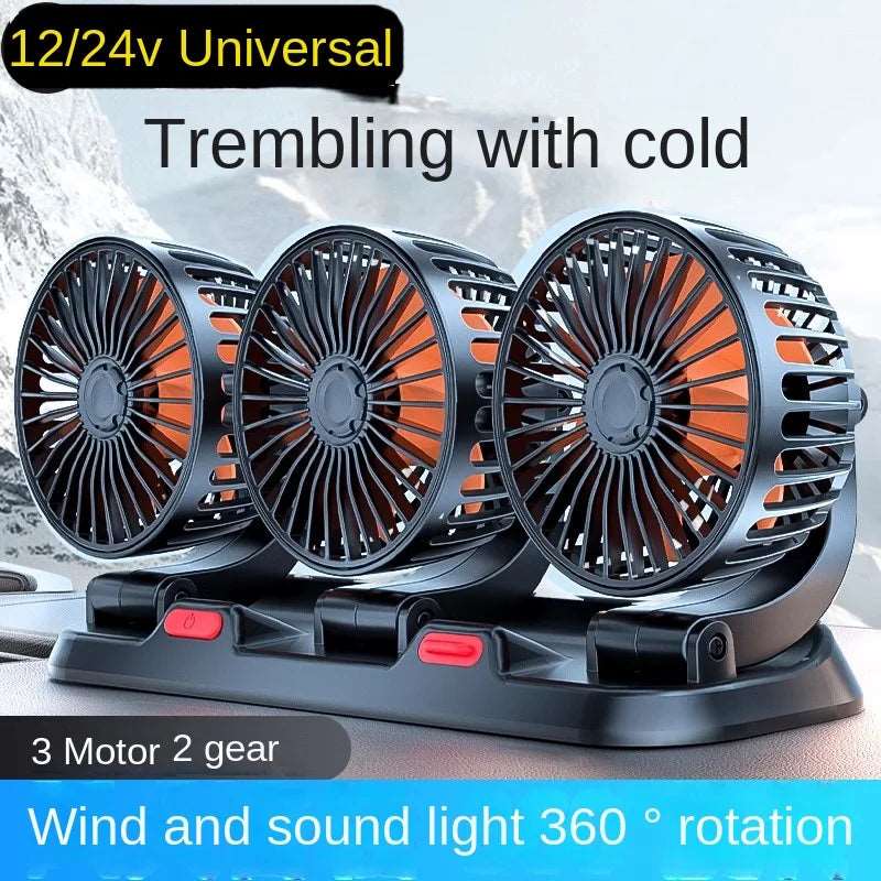 360° Adjustable 3-Head Car Fan | USB/12V/24V Dual Speed Electric Fan for Car, Home, Desk & Office - Silent Cooling