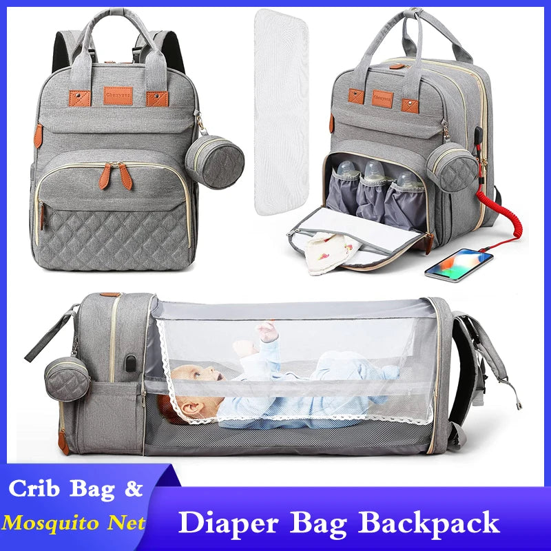 3-in-1 Diaper Bag & Foldable Baby Bed – Waterproof Travel Backpack with USB Charging, Large Capacity & Multi-Function Design