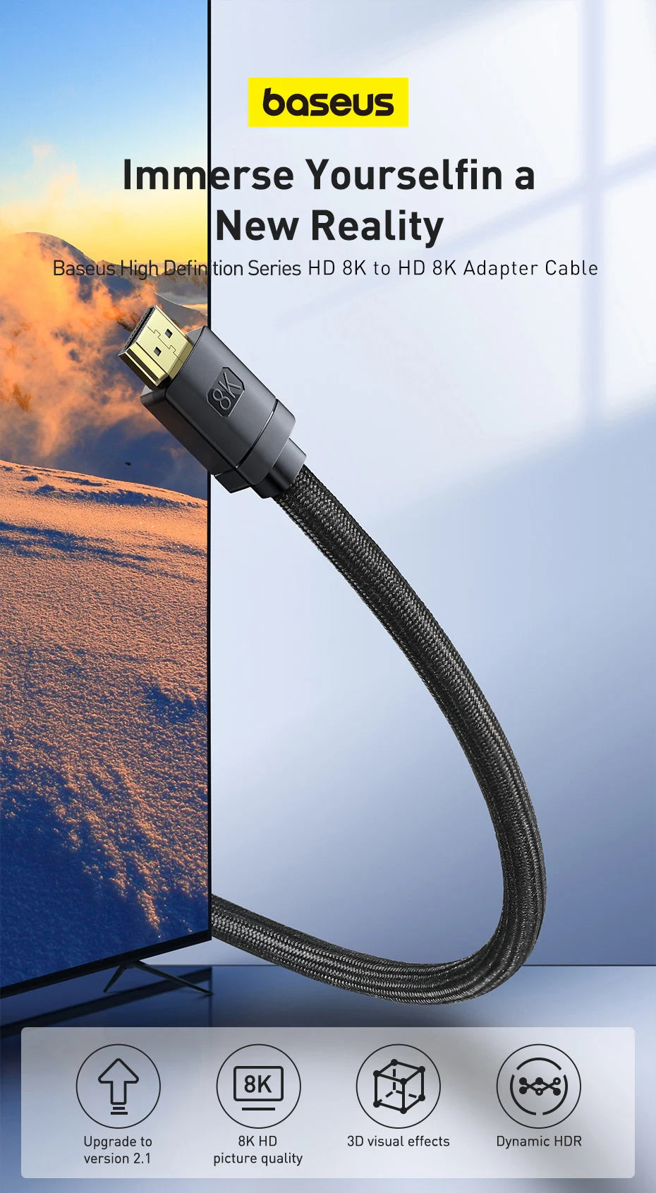 Baseus HDMI 2.1 8K Adapter Cable – Ultra HD 8K Resolution, HDR & VRR Support – Perfect for PS5, 4K/8K TVs, Mi Box, Gaming, and Home Entertainment Systems