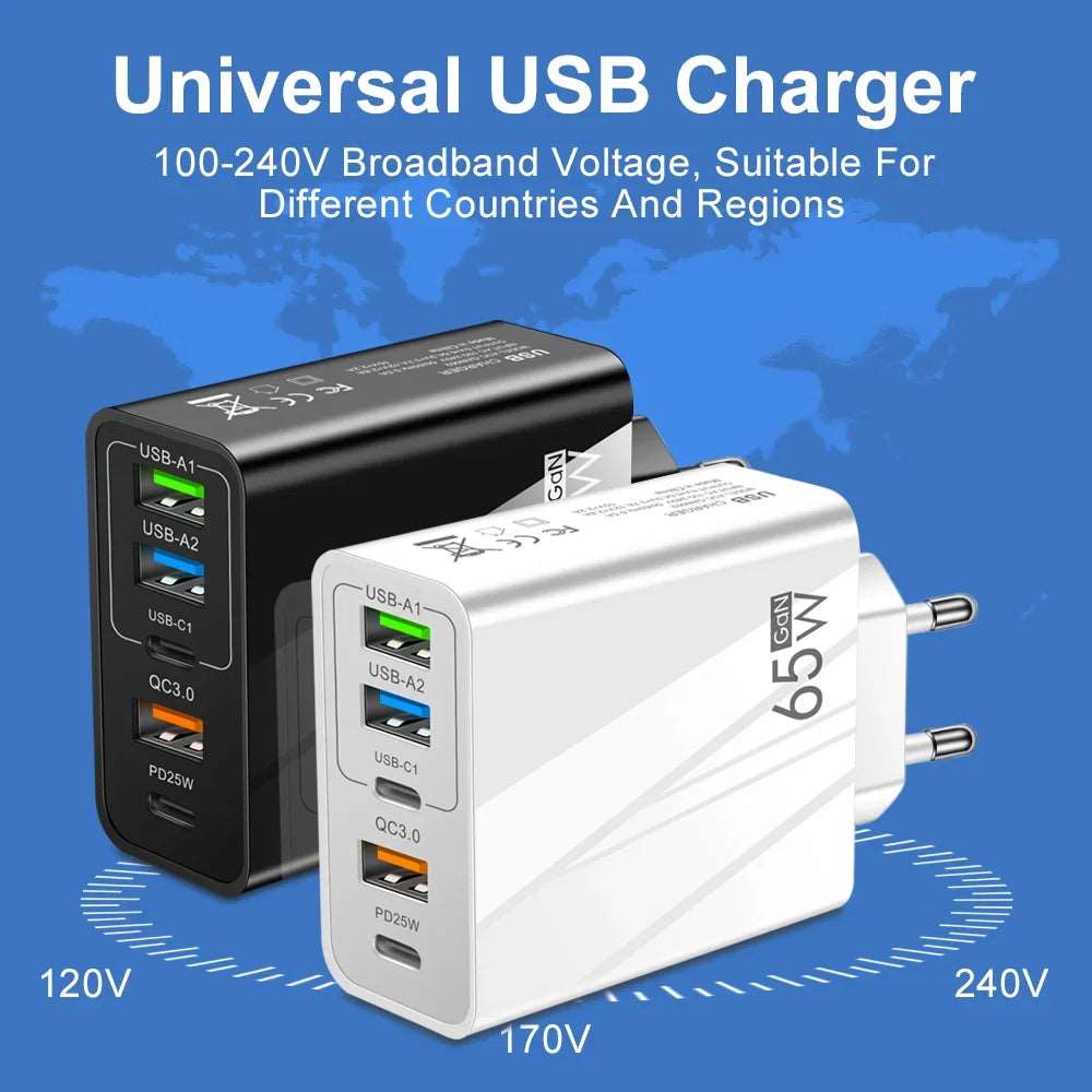 65w Fast Charger Mobile Charging Head Pd Plus 3usb Travel Multi Interface Charger 3.1A For Samsung Xiaomi Iphone Eu Us Adapter