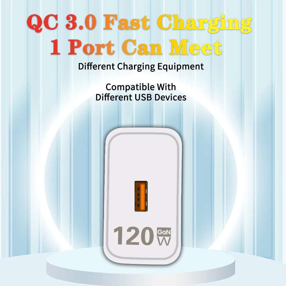 120W GaN USB Charger Fast Charging Quick Charge 3.0 Type C Cable Mobile Phone Charger Adapter For iPhone Huawei Samsung Xiaomi