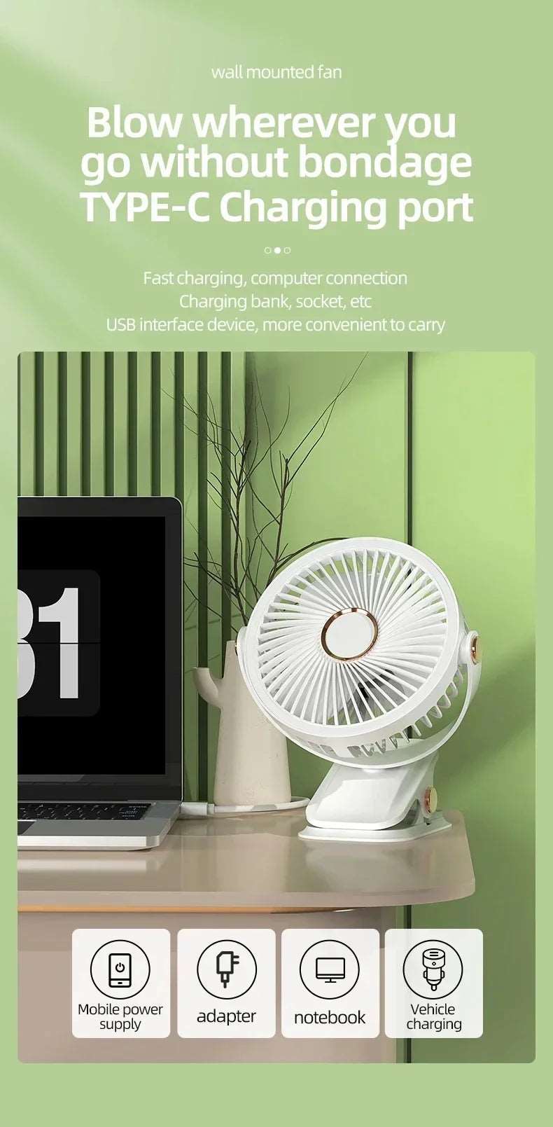 8000mAh Camping Fan Rechargeable Desktop Portable Air Circulator Wireless Ceiling Electric Fan With LED Light Clip-on Home Fan