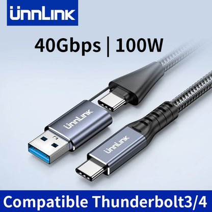 Unnlink 2 In 1 USB Type C Data Cable 40Gbps 20Gbps PD 100W Charging Compatible Thunderbolt 3/4