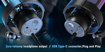 FIFINE AmpliGame A8 PLUS USB Microphone – RGB Lighting, 4 Polar Patterns, Gain Control, Live Monitoring, Mute Touch