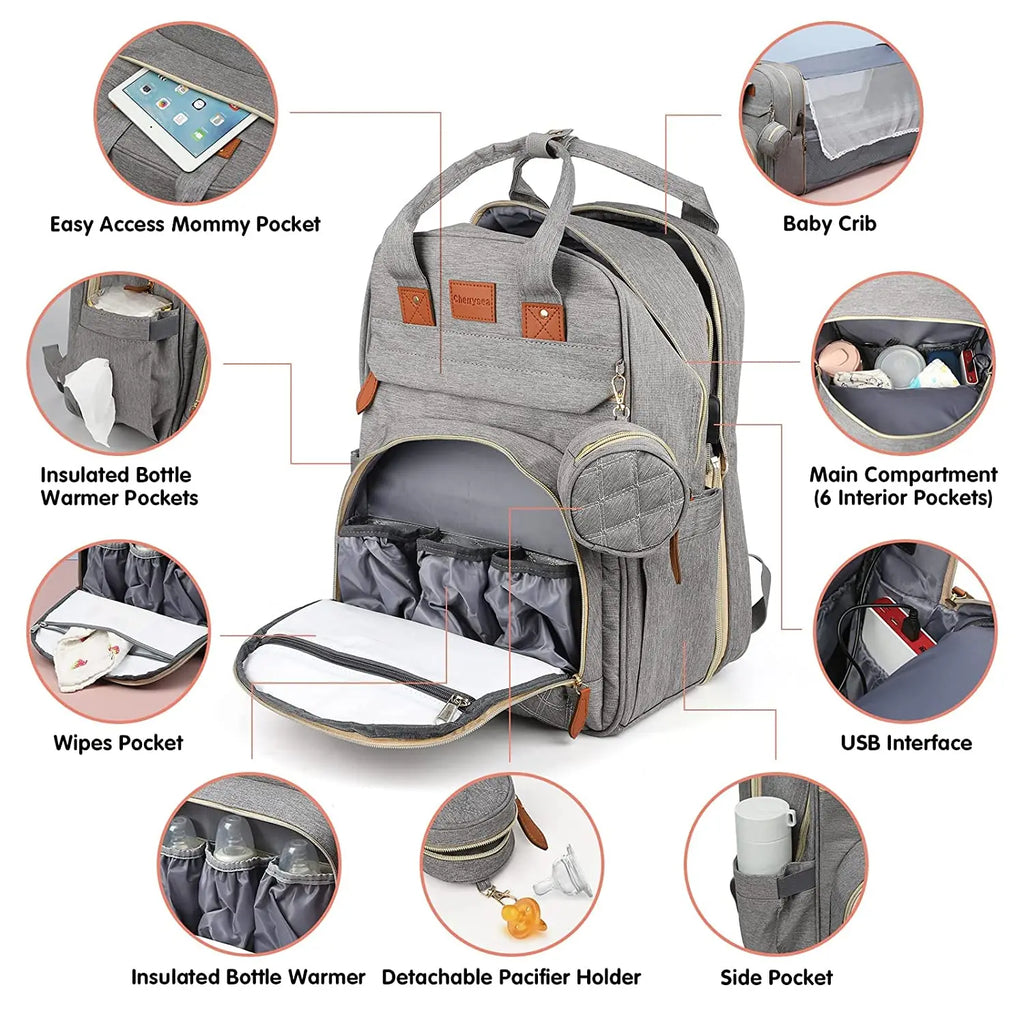 3-in-1 Diaper Bag & Foldable Baby Bed – Waterproof Travel Backpack with USB Charging, Large Capacity & Multi-Function Design