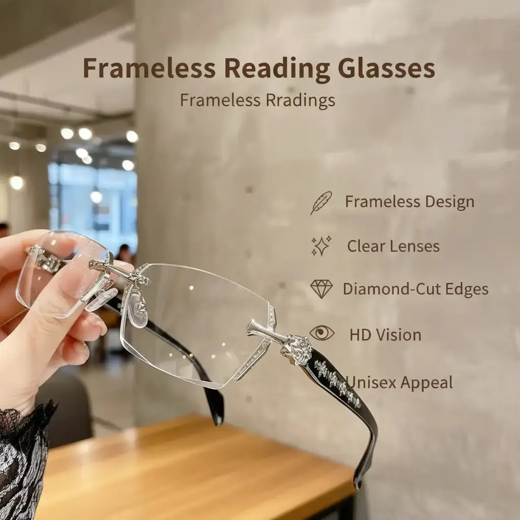 Frameless Reading Glasses with Clear Lenses, Diamond-Cut Edges & Fashion Metal Temple Decor, HD Vision for Reading, Computer Gaming, and Street Style, Unisex Women/Men Daily Springstatements
