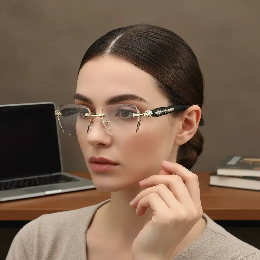 Frameless Reading Glasses with Clear Lenses, Diamond-Cut Edges & Fashion Metal Temple Decor, HD Vision for Reading, Computer Gaming, and Street Style, Unisex Women/Men Daily Springstatements