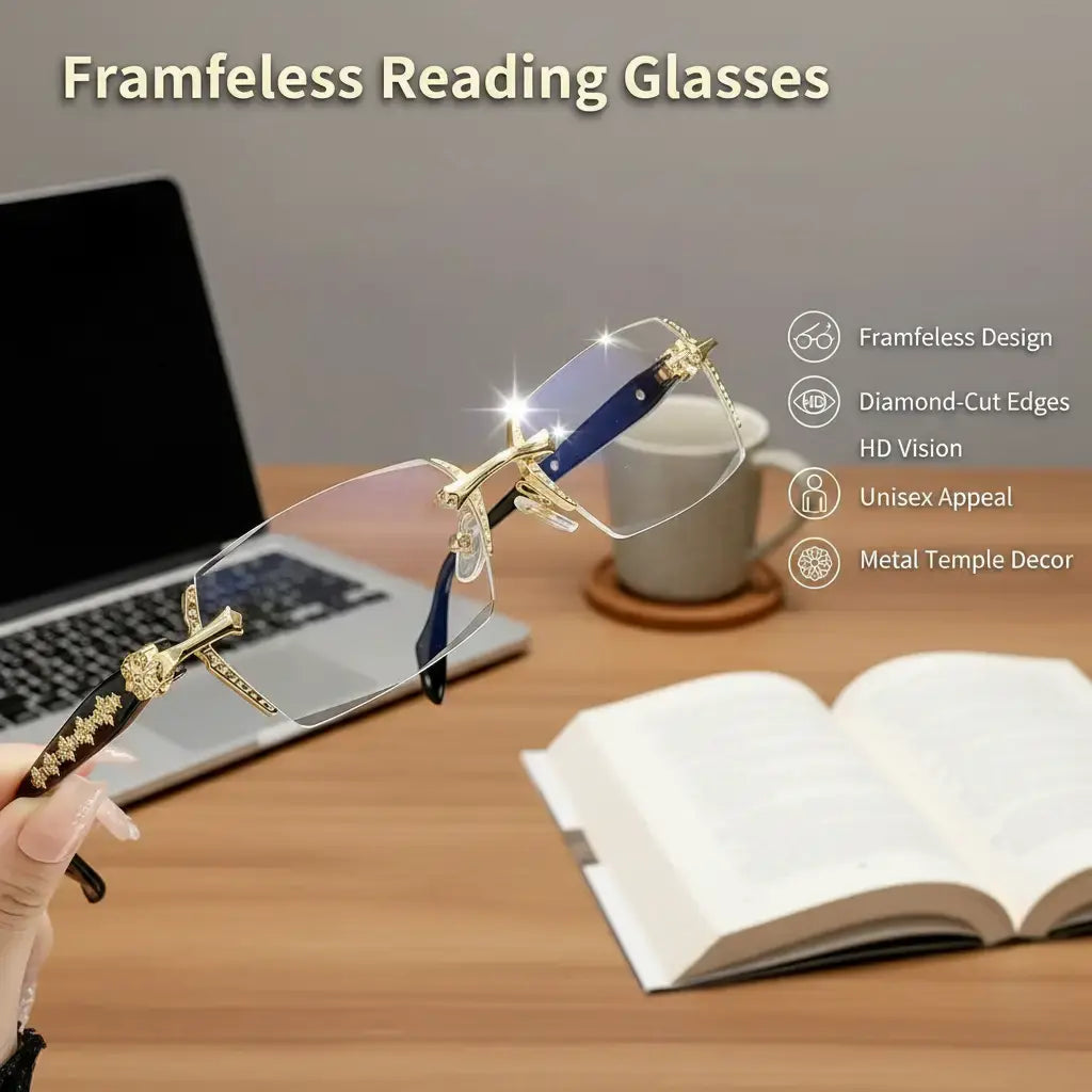 Frameless Reading Glasses with Clear Lenses, Diamond-Cut Edges & Fashion Metal Temple Decor, HD Vision for Reading, Computer Gaming, and Street Style, Unisex Women/Men Daily Springstatements